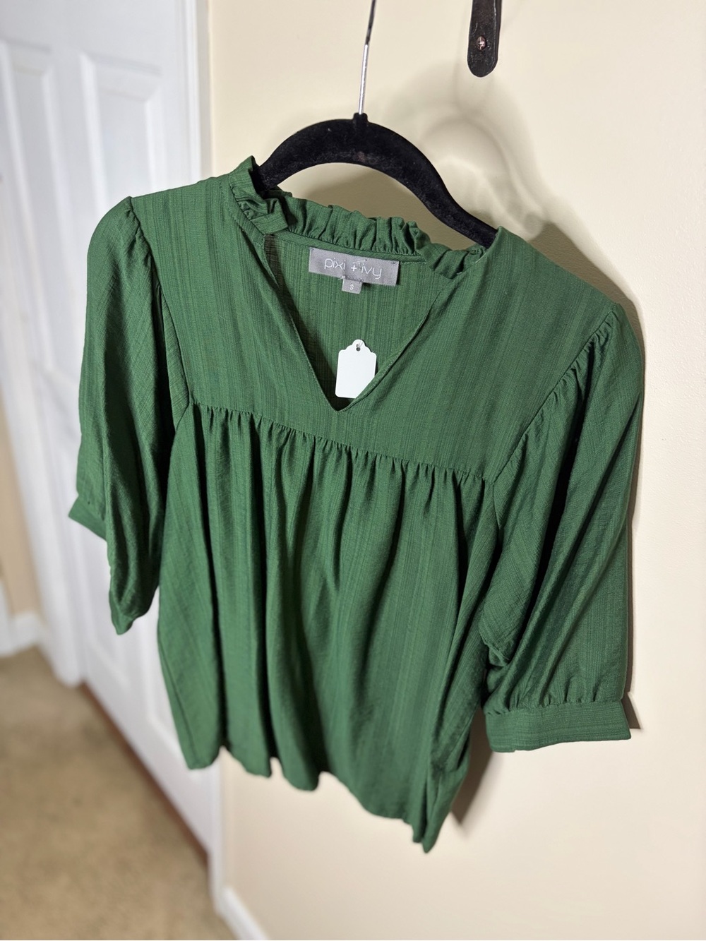 Pixi & Ivy Forest Green Ruffle Yoke V-Neck Blouse #1177